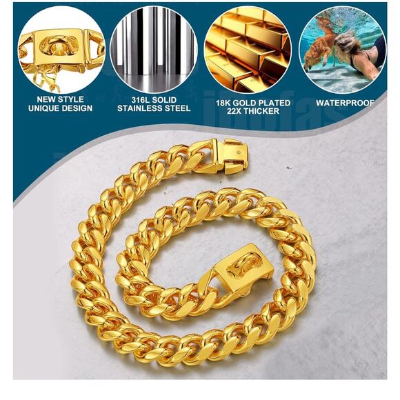 Dog Chain Collar 15mm/19mm Thick Dog Collar with Quick Release Buckle Gold 22 In - Picture 5 of 9